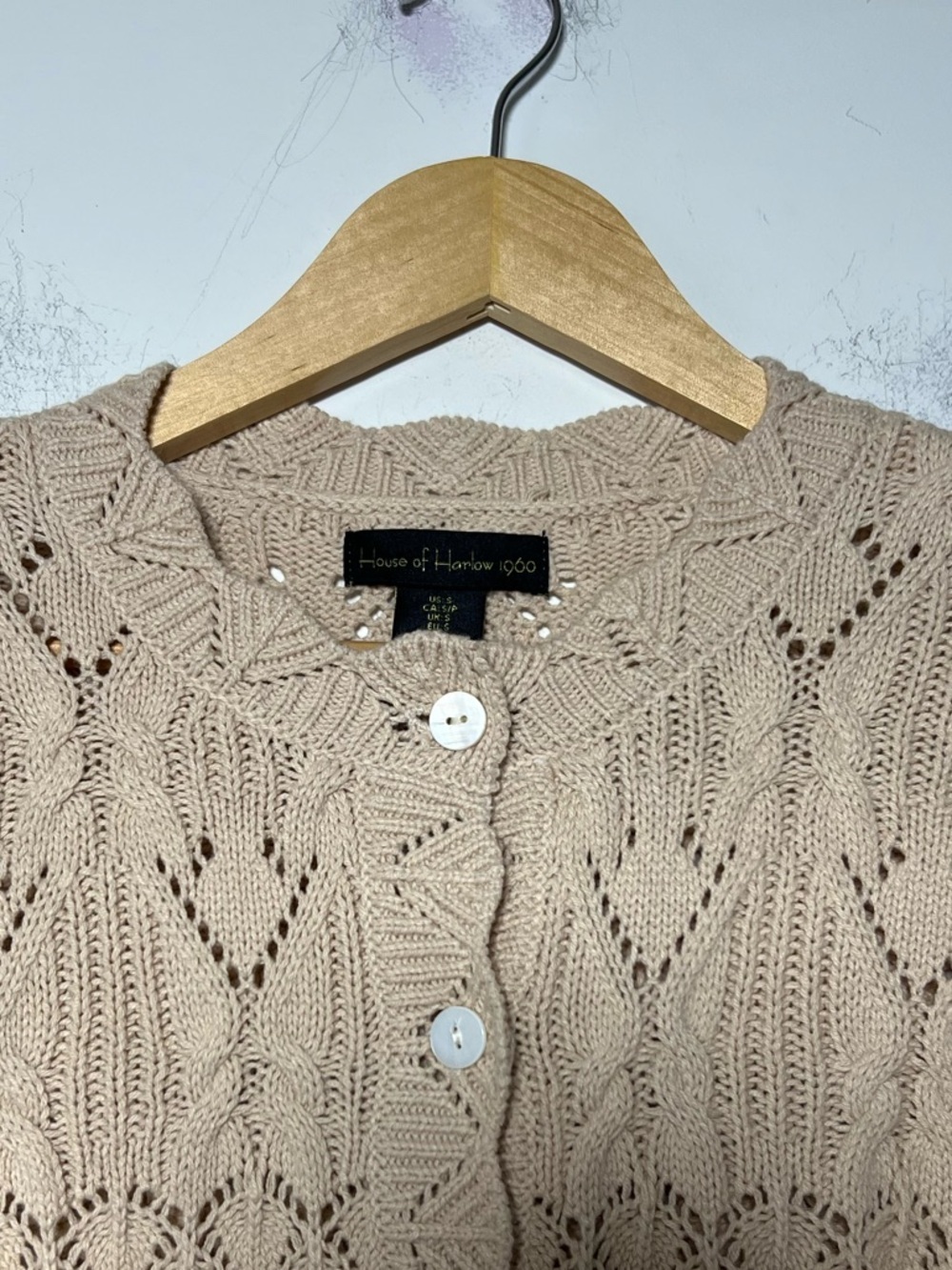 House of Harlow 1960 Beige Cropped Crochet Knit Button Cardigan Sweater - Picture 3 of 12